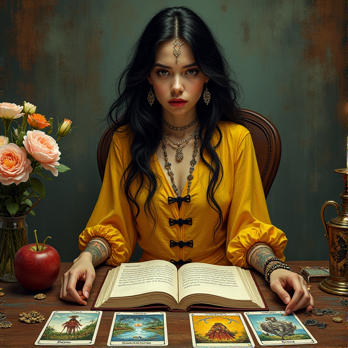 A mysterious woman in a yellow dress sits at a table adorned with tarot cards, an open book, candles, an apple, and flowers.