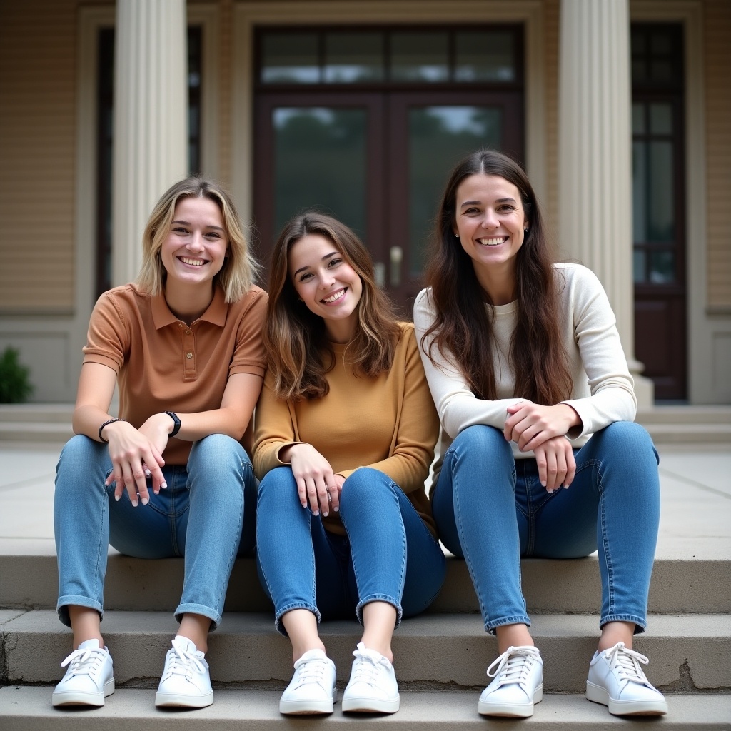 A group of friends casually sitting on steps in front of a building.