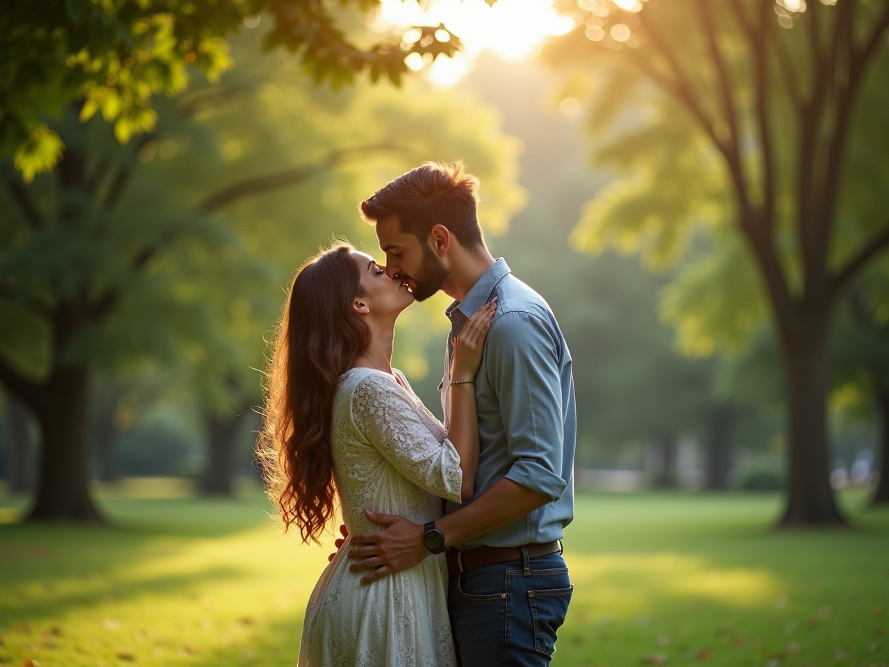 A couple stands closely in a green park, sharing a romantic kiss. The soft daylight bathes the scene with a warm glow, highlighting their intimate moment. Surrounding them are lush trees that create a serene backdrop. The woman's long hair cascades down her back, and she wears a flowing white dress. The man gazes into her eyes, showcasing their deep connection. This setting encapsulates a beautiful love story. The overall ambiance is peaceful and affectionate, emphasizing their bond.