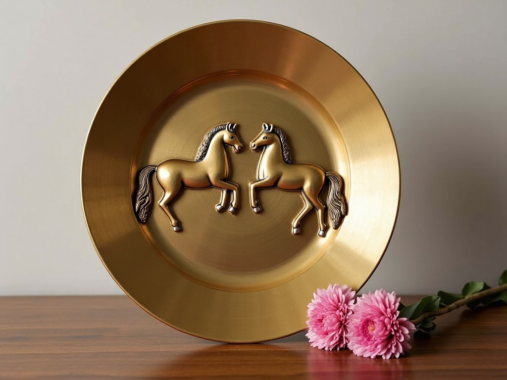 This image features a decorative brass plate with two elegant horse figures on either side. The plate is positioned on a wooden surface, exuding a vintage and sophisticated aura. The metallic shine from the brass suggests it is polished and well-maintained. To the side, there is a small cluster of pink flowers, adding a touch of color and softness to the scene. The background is a neutral tone, which accentuates the golden hue of the brass plate.