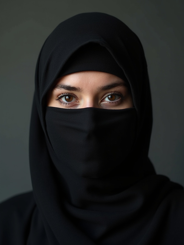 Portrait of a person wearing a niqab. The face is blocked to maintain anonymity. The attire is elegant and respectful. The background is neutral and subdued. Focus on the niqab and overall silhouette. Soft lighting enhances the depth.