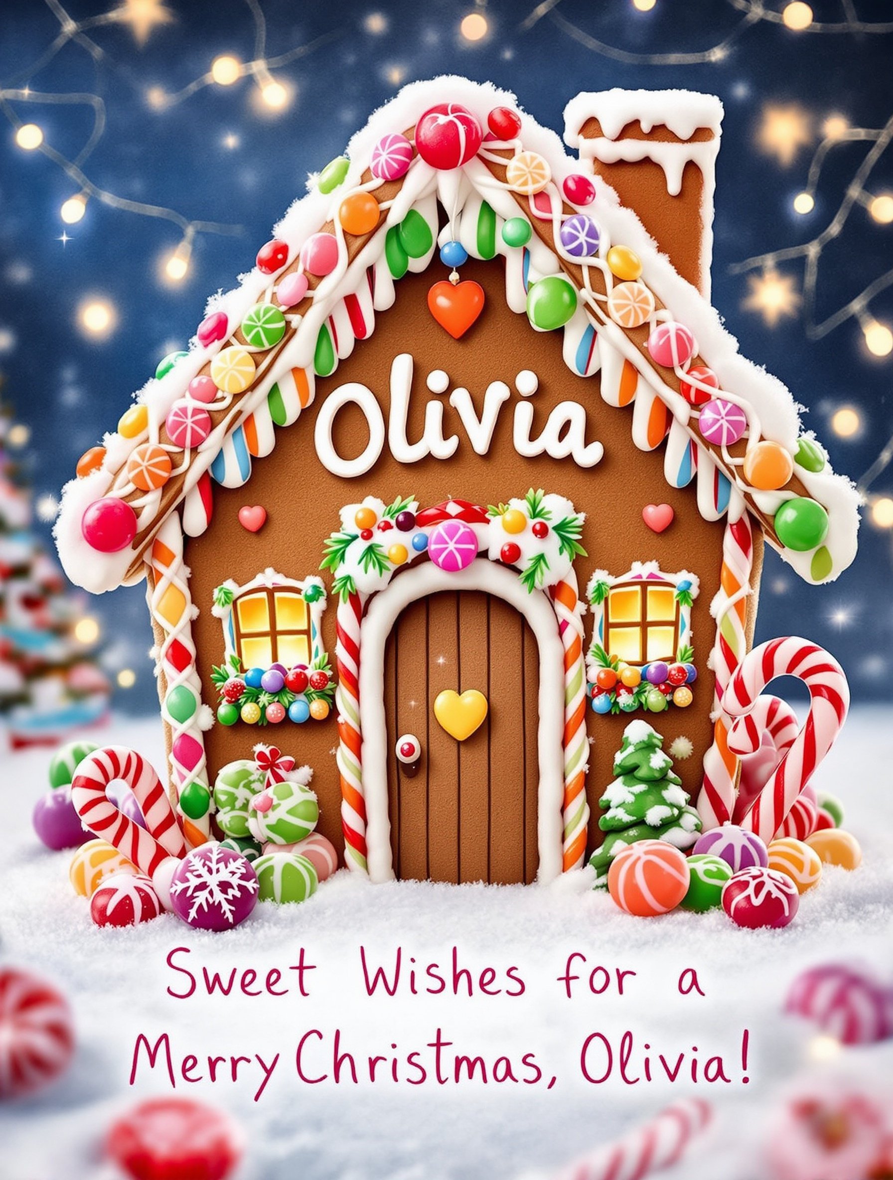 This image showcases a delightful Christmas card featuring a gingerbread house, beautifully decorated with colorful icing and candies. The name 'Olivia' is piped in white frosting above the charming door of the house. Surrounded by snow-covered gumdrops and candy canes, the scene is festive and inviting. Twinkling fairy lights add a magical glow to the background, enhancing the holiday spirit. At the bottom, the phrase 'Sweet Wishes for a Merry Christmas, Olivia!' is written in an enchanting handwritten font, making it a perfect personalized card for the season.