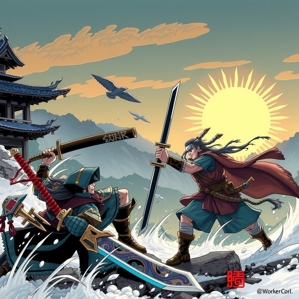 Two warriors in traditional robes engage in a sword duel amidst splashing waves with a dramatic sunrise in the background.