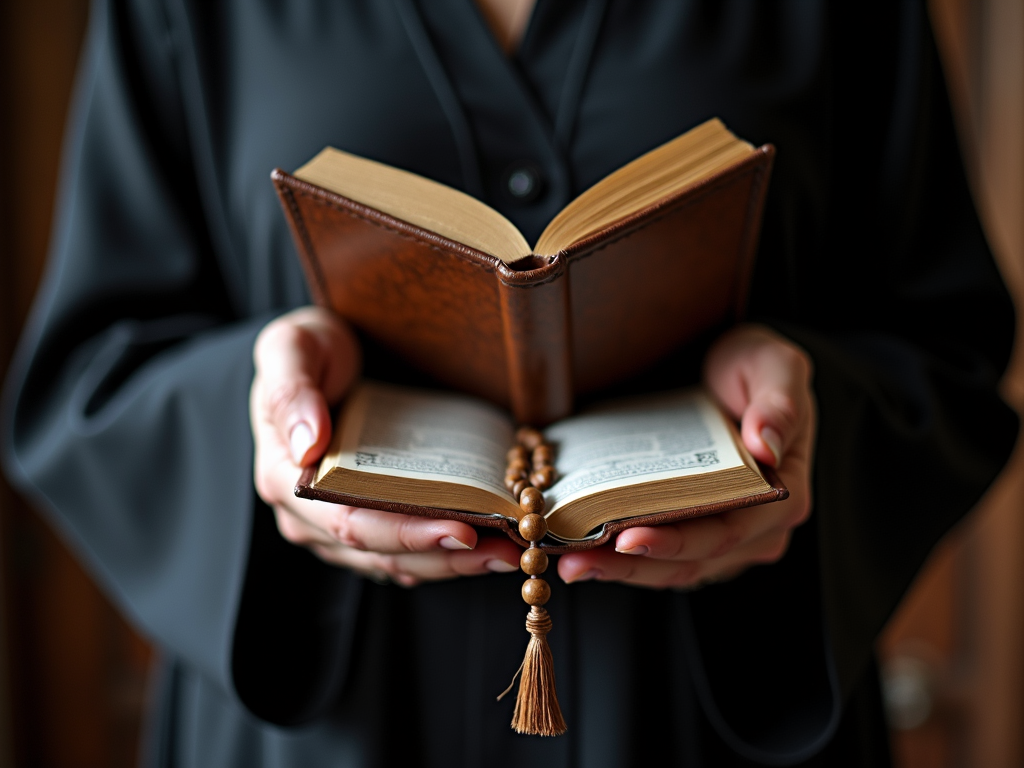 A person in a dark robe holds an open book with a rosary gracefully draped over its pages.