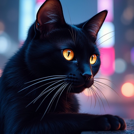 A close-up of a black cat with glowing orange eyes. The cat is resting with a dreamy expression. Background features neon lights creating a vibrant, colorful effect.