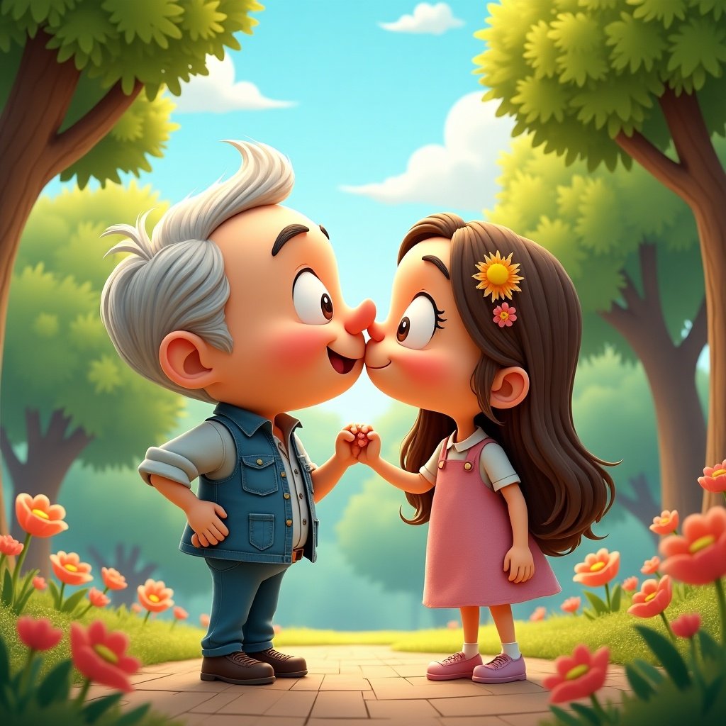 Two cartoon characters sharing a kiss in a vibrant park setting. The male character has gray hair and wears a denim jacket. The female character has long brown hair with a sunflower clip. The background features green trees and flowers.