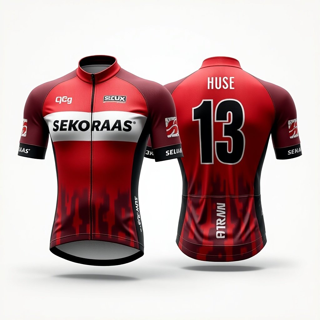 Professional cycling kit design for championship. Vibrant colors and patterns are eye-catching. Prominent numbers on front and sides for identification. Back has dorsal number above pockets. Spaces for advertising logos emphasize team spirit.