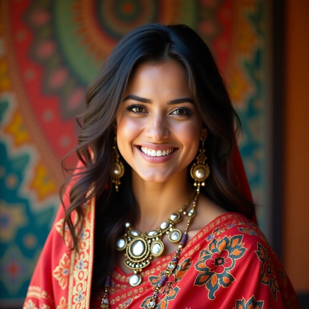 An Indian woman wears traditional attire with vibrant colors. The outfit features intricate patterns and jewelry that add elegance. The background showcases artistic designs, enhancing the cultural theme.