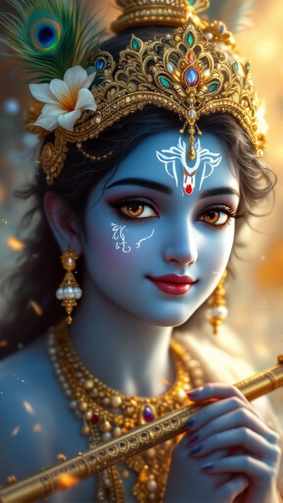 Divine depiction of Lord Krishna with serene expression and radiant blue skin. Face adorned with white designs and graceful tilak. Large expressive eyes show compassion and wisdom. Wears ornate golden crown with peacock feather and jasmine flower. Adorned with gold jewelry including earrings and pearl necklace. Holds golden flute symbolizing music and divinity. Soft lighting highlights divine glow, background features blurred celestial beings, atmosphere serene and ethereal.