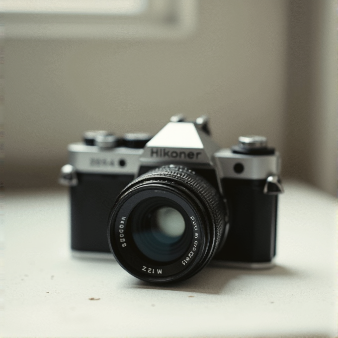 A classic SLR camera with a silver and black body, featuring a prominent lens, sits on a light surface against a blurred background.