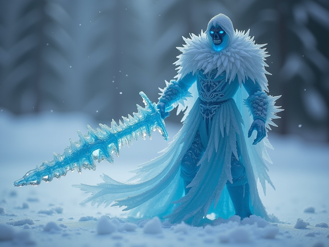 This image depicts a fantasy character made of ice, wielding a massive glaive. The figure features frosty blue skin and is adorned with icy armor and a dramatic cape. Snowflakes fall gently around the character in a serene, wintry setting. The glaive is intricate, resembling ice and frost, conveying a sense of power and majesty. This scene captures the essence of a mystical winter hero ready for battle.