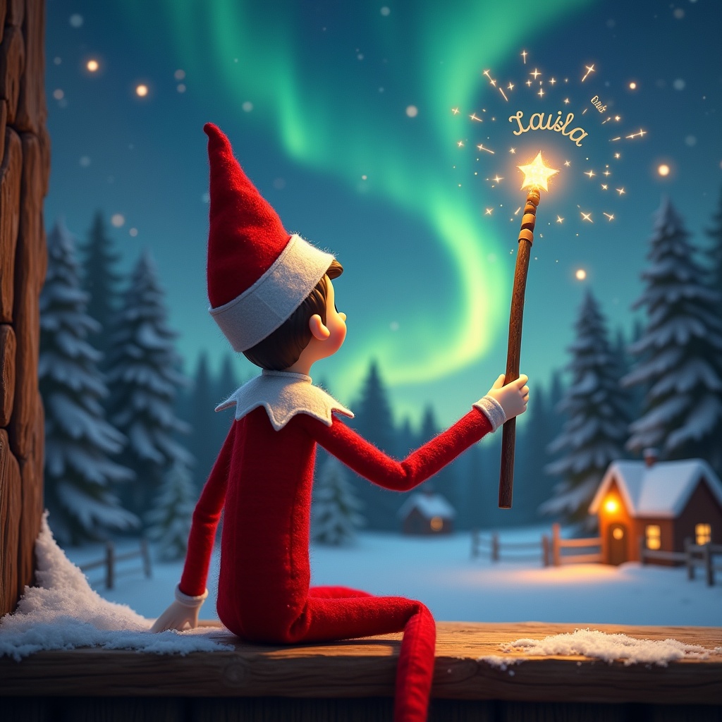 Elf on the shelf gazes at northern lights. Holds glowing wand. Cozy house in the distance. Snow covers the ground. Name appears in the air from the wand.