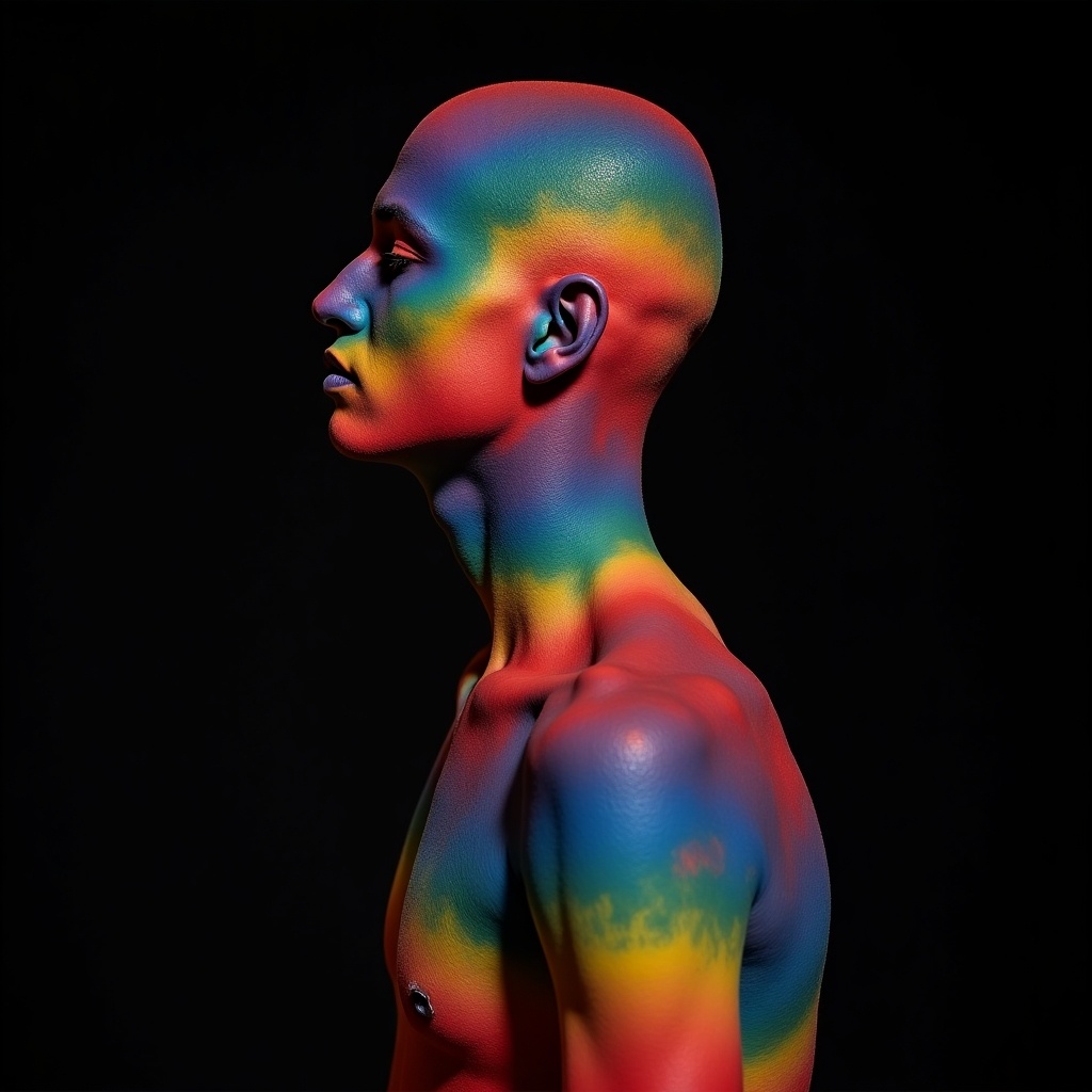 A person is covered in vivid, rainbow-colored body paint against a dark background.