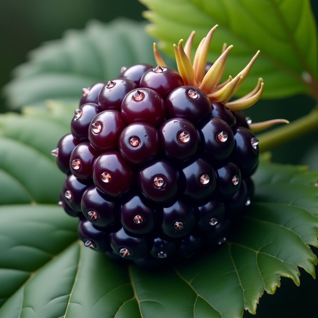 Digital illustration of a highly detailed blackberry. The blackberry is resting on green leaves. Vivid colors and textures. Focus on the intricate details of the fruit.