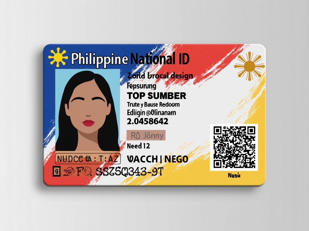 The image depicts a Philippine National ID with vibrant colors reflecting the country's flag. It features a portrait of a person, which is centrally placed as the main subject. The ID contains various identifying details, including a unique number and QR code for verification purposes. The card is designed with a professional layout, ensuring clarity in its text and graphical elements. The background colors are bright, symbolizing national pride, and the overall look is modern yet formal.