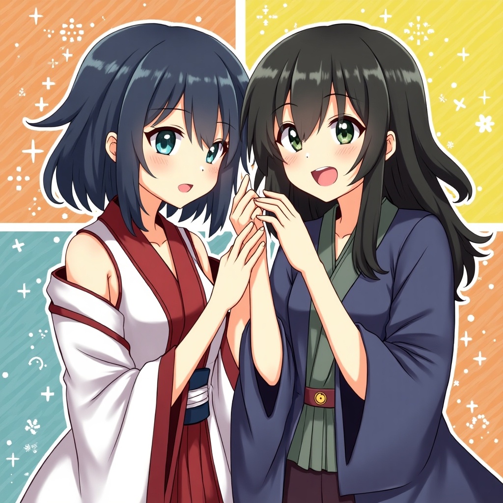 Two anime girls with black hair and green eyes. One girl wears a traditional outfit with a red accent. The second girl wears a casual outfit with a green accent. They stand together, smiling and looking at each other. The background features light patterns in peach and blue colors.