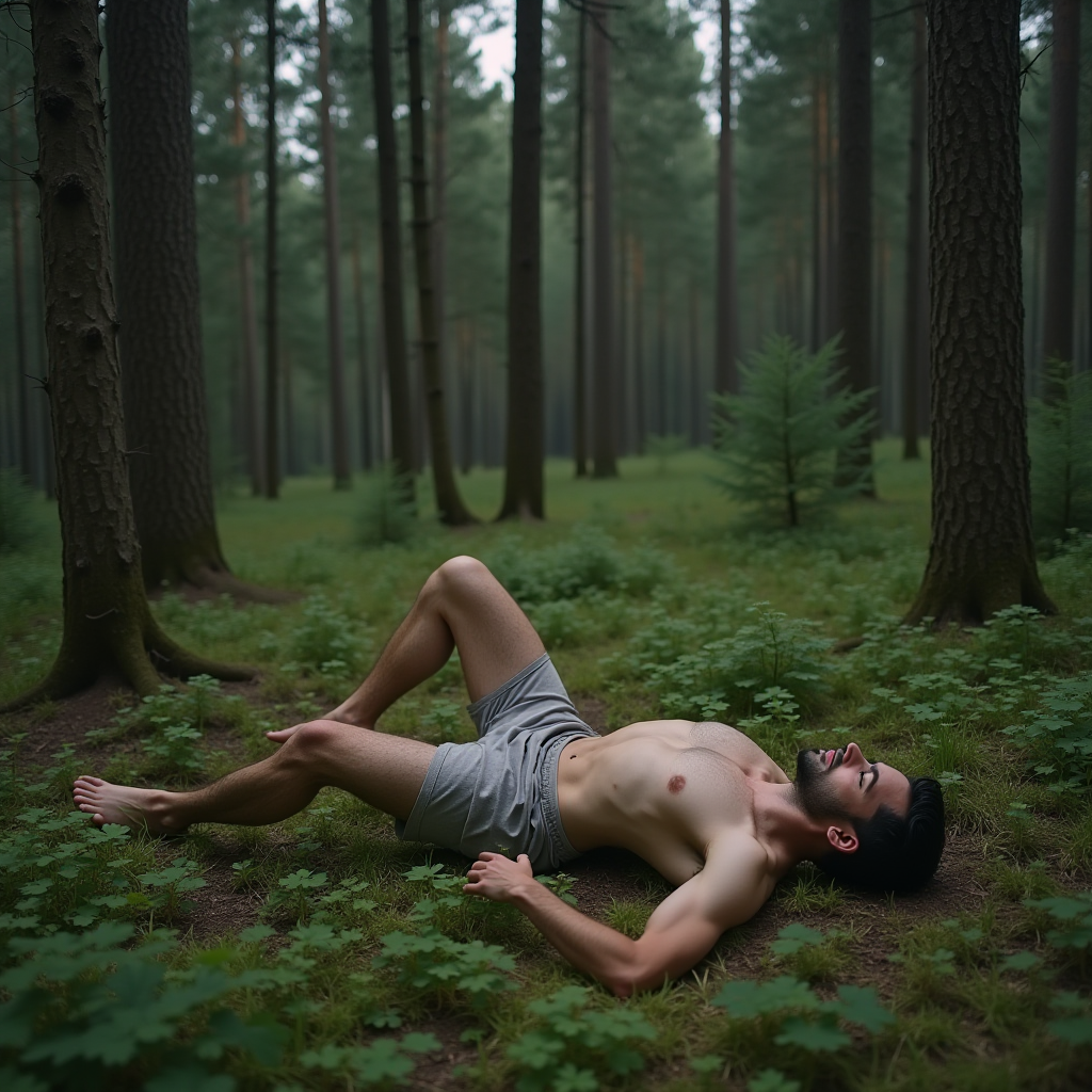 A person lies relaxed on their back amidst the lush greenery of a tranquil forest.