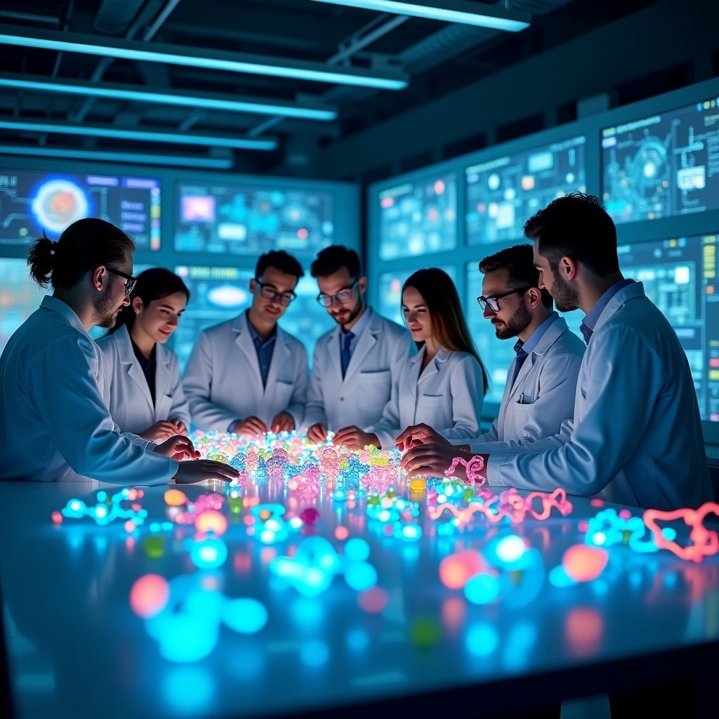 Modern biotech laboratory with scientists in lab coats. Colorful molecular models on a table. High-tech screens with dynamic visuals in the background. Bright blue lighting creates a futuristic atmosphere. Collaboration and innovation in pharmaceutical and biotechnology fields.