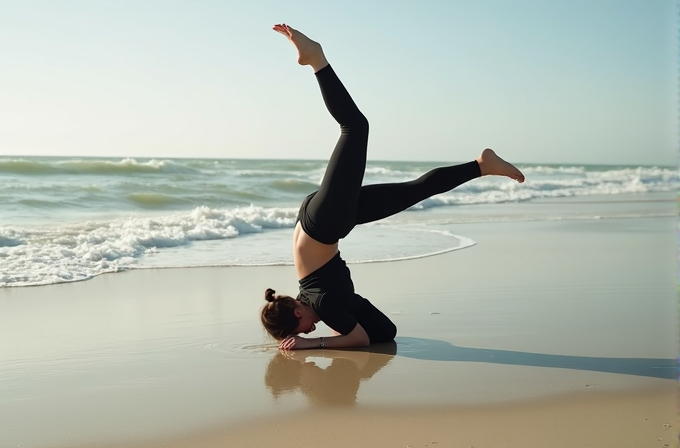 A person in black athletic wear practices a headstand on a sandy beach near the ocean.