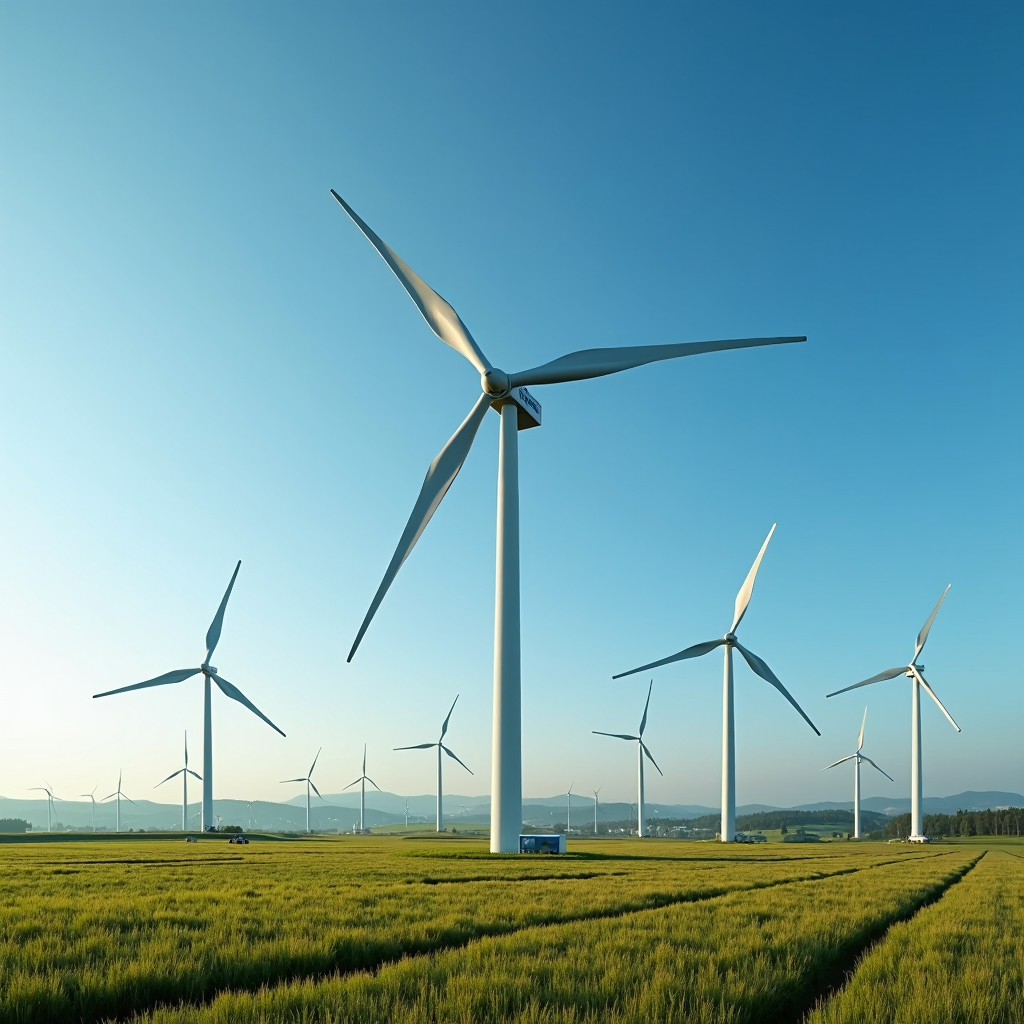 A group of wind turbines stand tall in a grassy field under a clear blue sky.