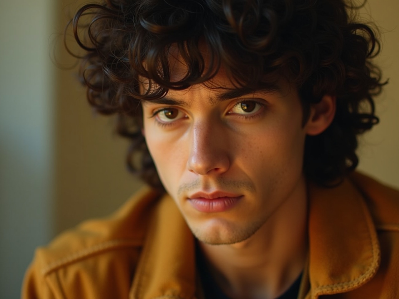 This image features a young man with dark, curly hair that is styled in a natural look. He is wearing a mustard-colored jacket, which gives him a casual and stylish appearance. His expression is serious yet thoughtful, as he gazes directly at the camera. The background is softly blurred, highlighting his features and the jacket he wears. The lighting is soft and warm, adding depth to the image and emphasizing his facial structure.