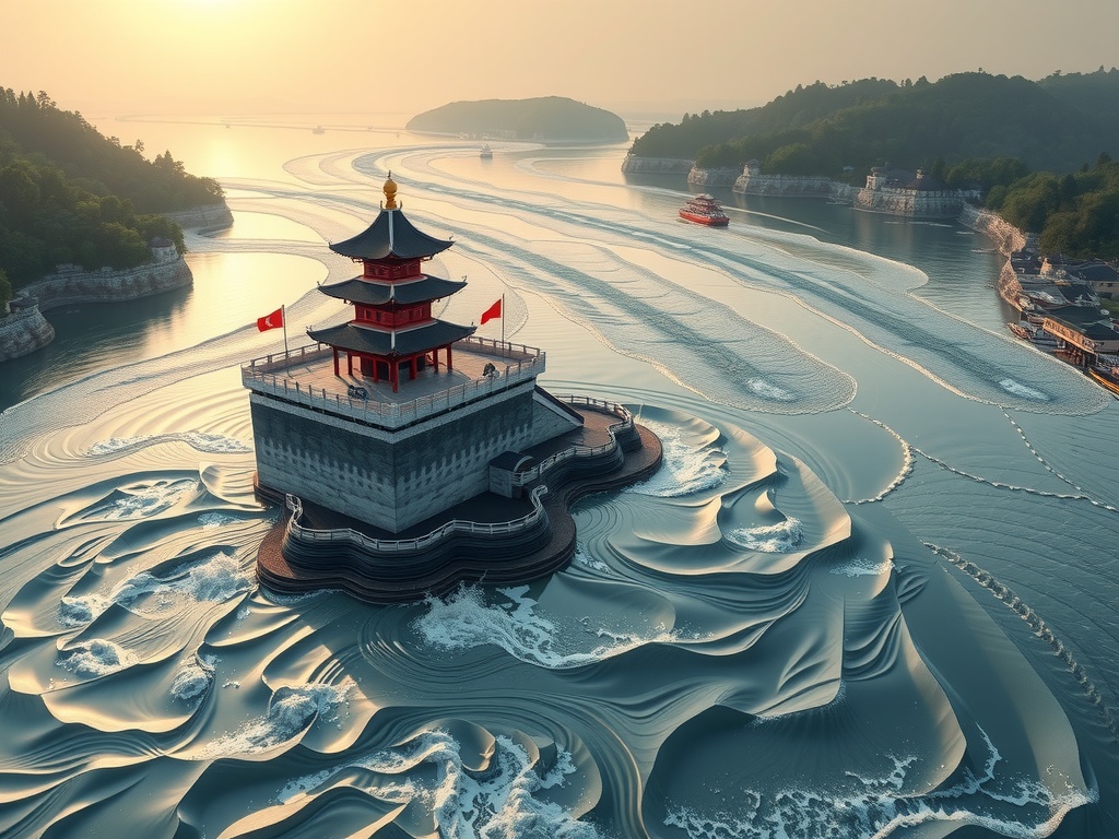 A serene temple on a small island surrounded by ripple-like water patterns at sunset.