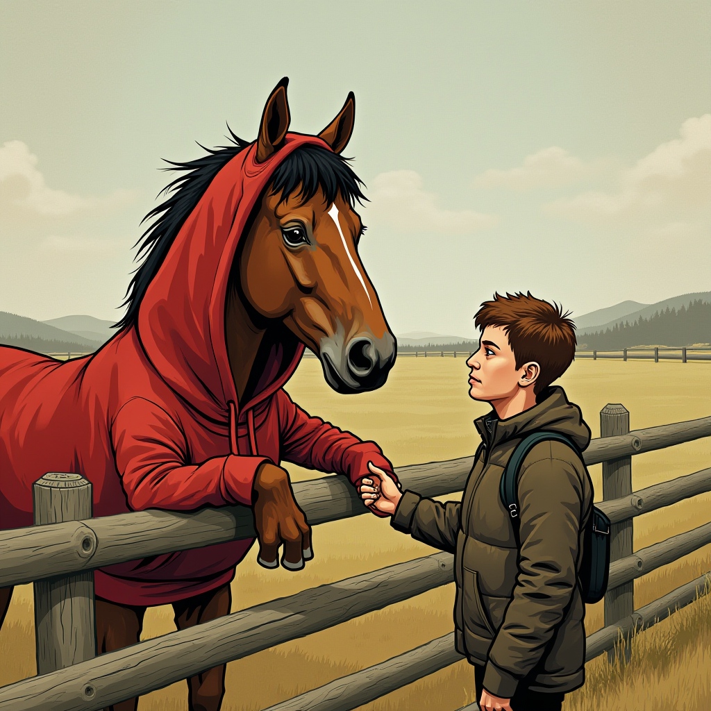 A boy shakes hands with a horse wearing a red hoodie by a fence in a field.