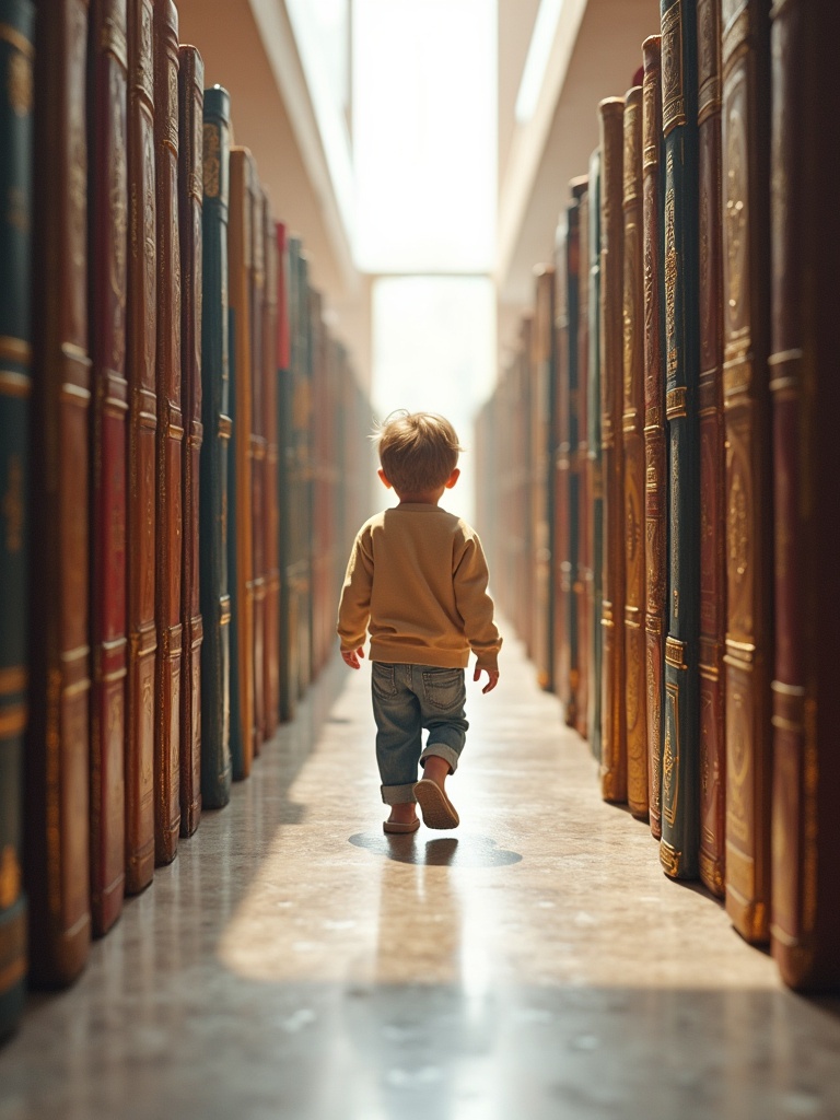 Child walks alone in a library pathway with tall books on each side. Books have colorful spines showing designs and titles. Soft light shines from above illuminating the scene. The corridor appears endless due to the arrangement of the books. A sense of wonder is evoked in the child.