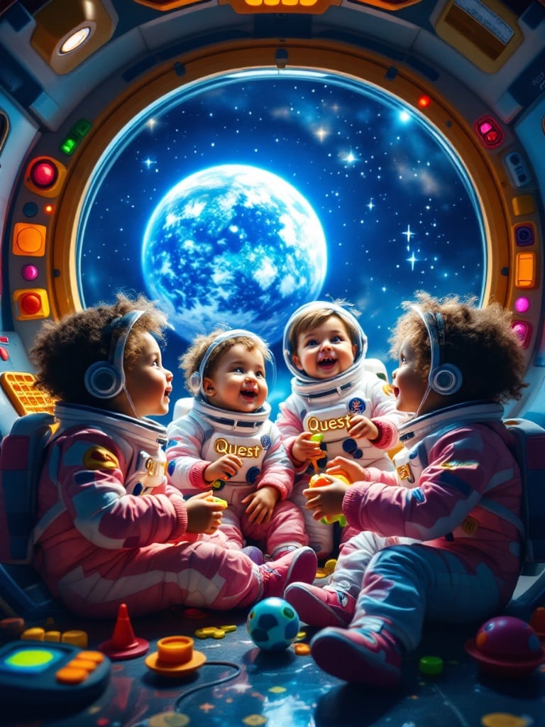 Four astronaut toddlers enjoy an adventure inside a spaceship. Colorful controls adorn the interior of the ship. Window reveals a breathtaking view of planet Earth. Their space suits say Quest in gold. They interact with floating toys, showcasing fun in zero gravity. Expressions display wonder and excitement.