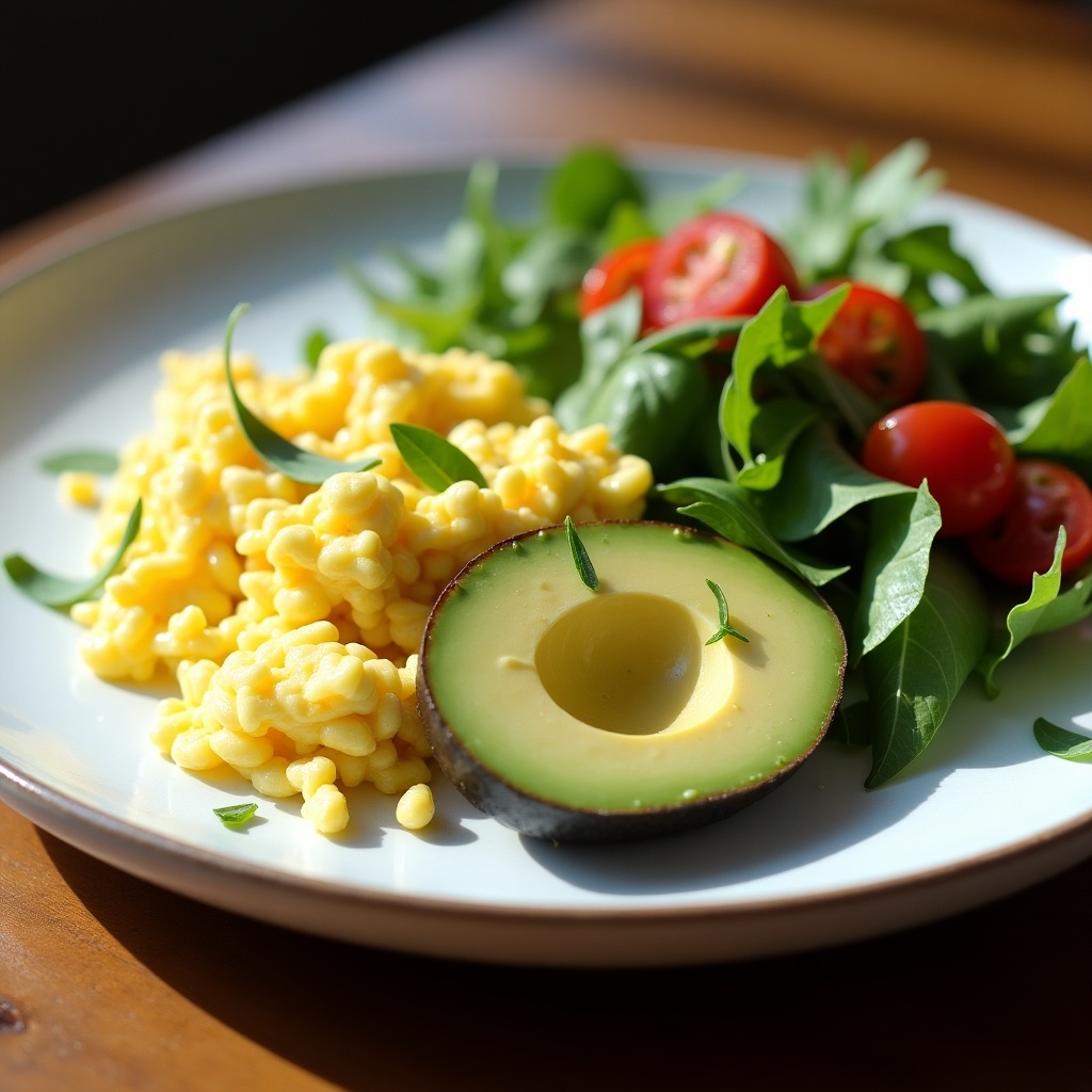 The image features a plate containing scrambled eggs, which appear fluffy and bright yellow. Beside the eggs is a half sliced avocado, showcasing its creamy interior. Fresh salad greens, including arugula and cherry tomatoes, are arranged artistically on the plate. The sunlight casts a warm glow over the food, enhancing its freshness. The dish is served on a wooden table, contributing to a rustic and homey feel. This visually appealing meal presents a nutritious option for breakfast or lunch, inviting viewers to savor its deliciousness.