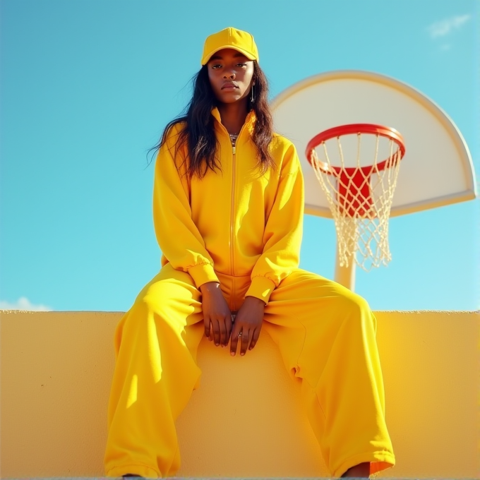 A person in a bright yellow tracksuit and cap sits in front of a basketball hoop on a sunny day.