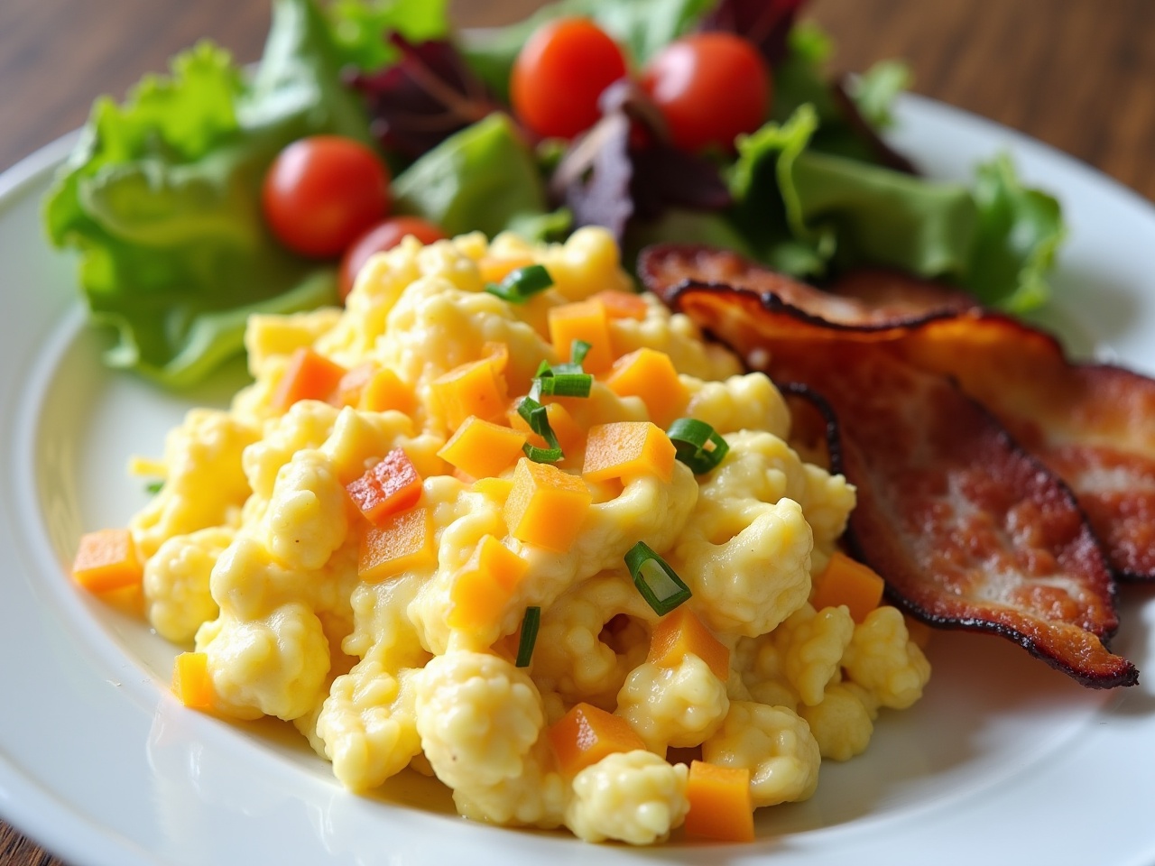 This image features a delicious plate of scrambled eggs mixed with cheese, accompanied by crispy bacon and a fresh salad. The colorful presentation is appealing, highlighting the fluffy texture of the eggs and the vibrant greens of the salad. The bright red cherry tomatoes add a pop of color to the dish. This meal is perfect for breakfast or brunch. It's a simple yet tasty combination of ingredients that people love. Ideal for food enthusiasts looking for healthy meal ideas.