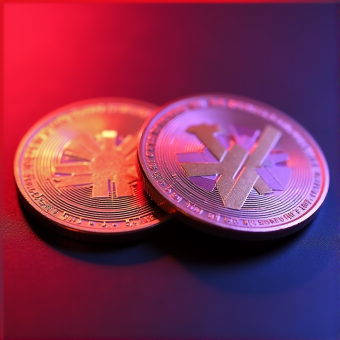 A close-up of two glowing cryptocurrency coins under dramatic red and purple lighting.