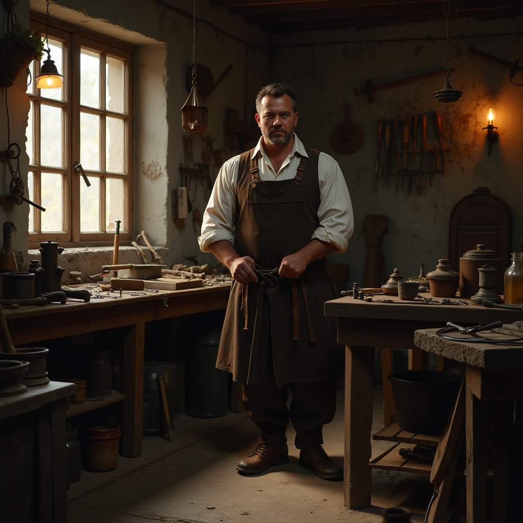 A man in a rustic workshop stands wearing an apron, surrounded by various tools and pottery, with warm light filtering through a window.