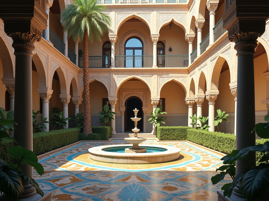 This image showcases an intricately detailed Moroccan palace courtyard, characterized by traditional Islamic architecture. The design features elegant arches and vibrant mosaic tiles, accentuated by symmetrical geometric patterns. Warm, golden sunlight flows through arched windows, creating soft shadows throughout the space. At the center lies a large, beautifully detailed marble fountain, surrounded by lush, green plants. The overall atmosphere is tranquil, reflecting the exquisite craftsmanship typical of medieval Moroccan design.