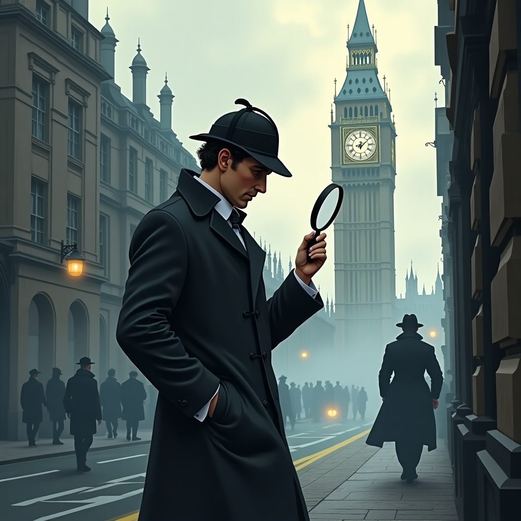 A detective observing with a magnifying glass. London setting with Big Ben in background. People dressed in vintage attire. Foggy atmosphere.