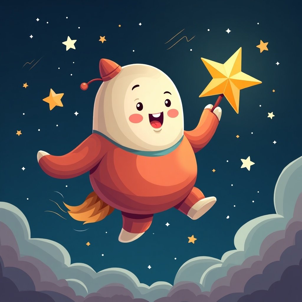 Cartoon character holding a star in space. Surrounded by stars and geometric shapes. Cheerful expression. Character has a playful design.