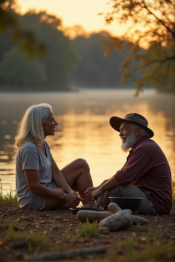 An elderly couple sits by a serene lake, sharing a peaceful moment at sunset with golden light reflecting off the water.