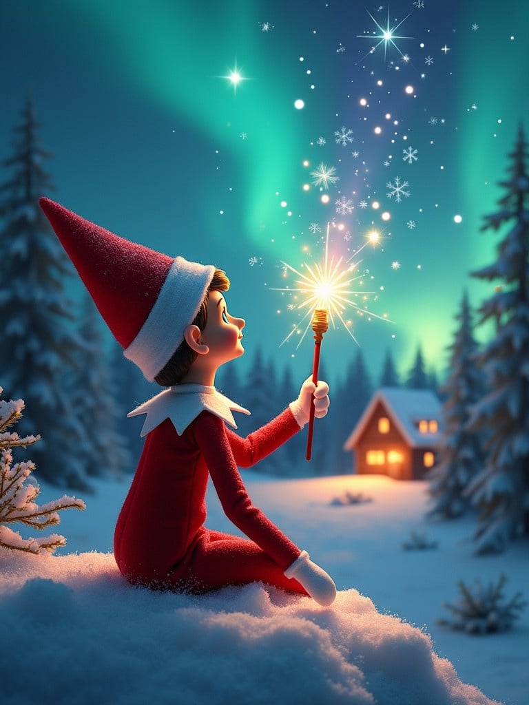 An elf on the shelf sits on snow wearing a red outfit. The elf holds a glowing wand. Colorful northern lights illuminate the sky. A cozy house is in the background. Snow covers the ground. The scene embodies Christmas magic and wonder.