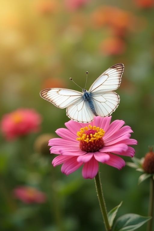 White butterfly on pink flower in sunny garden. Green background with small bright flowers. Soft sunlight creates a warm ambiance.