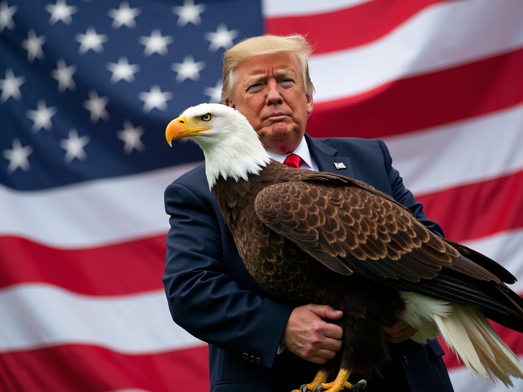 The image depicts a man holding a majestic bald eagle, standing in front of the American flag. The man has a strong presence, dressed in a dark suit with a red tie. The eagle, a symbol of strength and freedom, is perched in his arms, showcasing its impressive wingspan and striking features. The backdrop features the American flag, vibrant with bold colors, evoking a sense of patriotism. The lighting is bright and natural, highlighting the details of both the eagle and the man, creating a powerful visual statement.