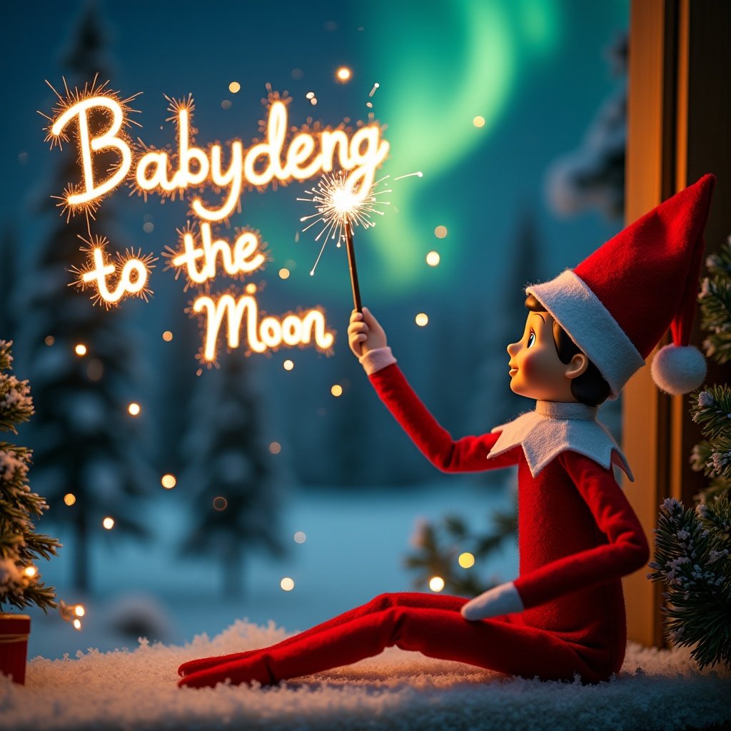 An enchanting Christmas scene features an elf in red and white holding a magic wand writing 'Babydeng To The Moon' with a sparkler. Northern lights create a magical backdrop. The scene conveys Christmas spirit and a sense of wonder.