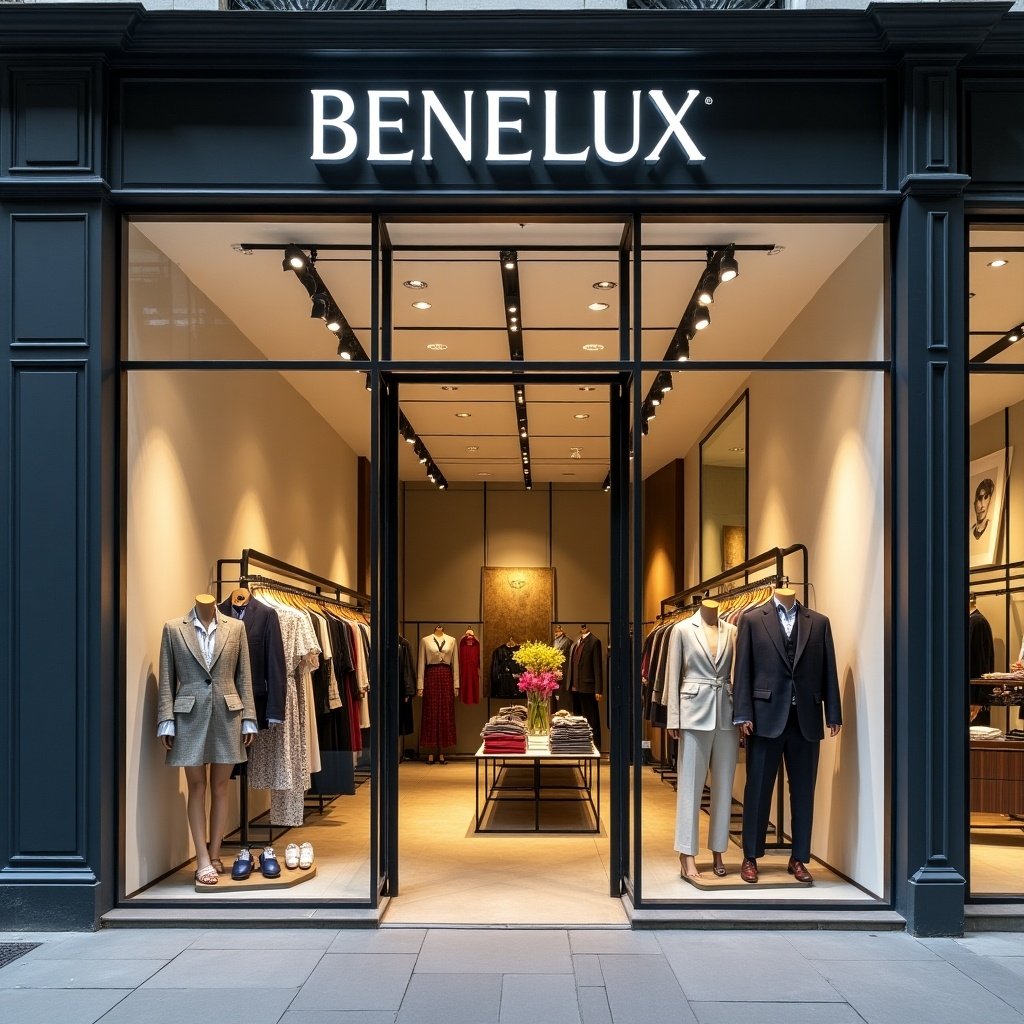 Front store entrance featuring name Benelux. Fashion displays for men and women are visible. Showcases a stylish and modern boutique appearance.