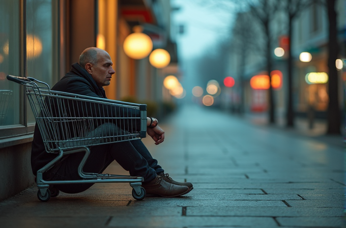 A man sitting in a shopping cart on an empty city street at dusk, creating a sense of solitude.