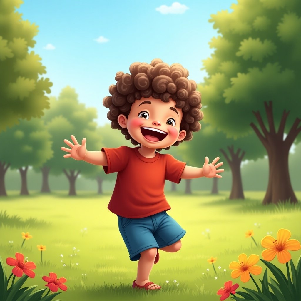 Cheerful cartoon of a little boy with curly hair wearing a red shirt and shorts, running in a park filled with flowers and trees.