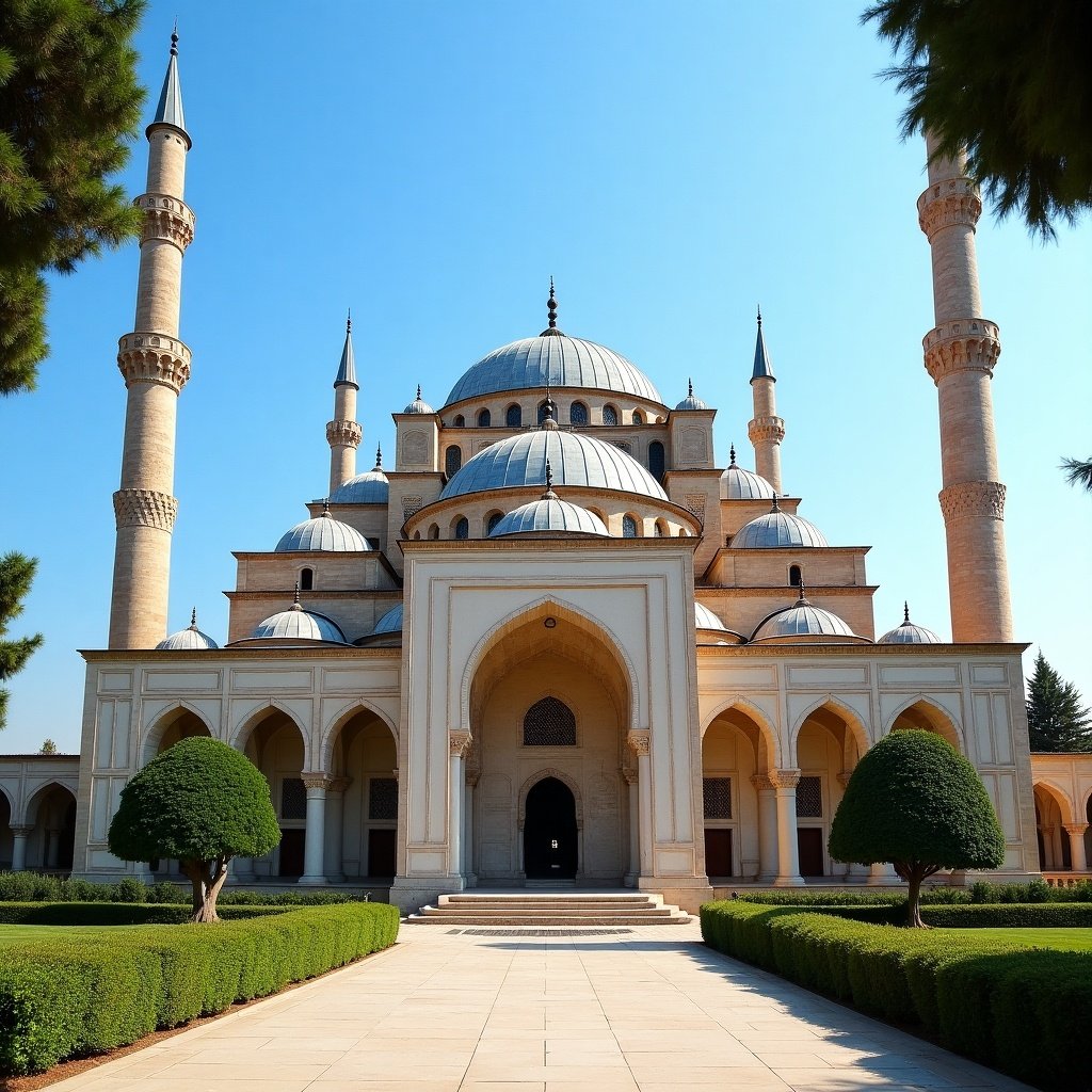 A stunning view of the Sufi Subhani Mosque showcasing its impressive architectural details. The mosque features multiple domes and minarets surrounded by lush greenery and a well-maintained pathway.