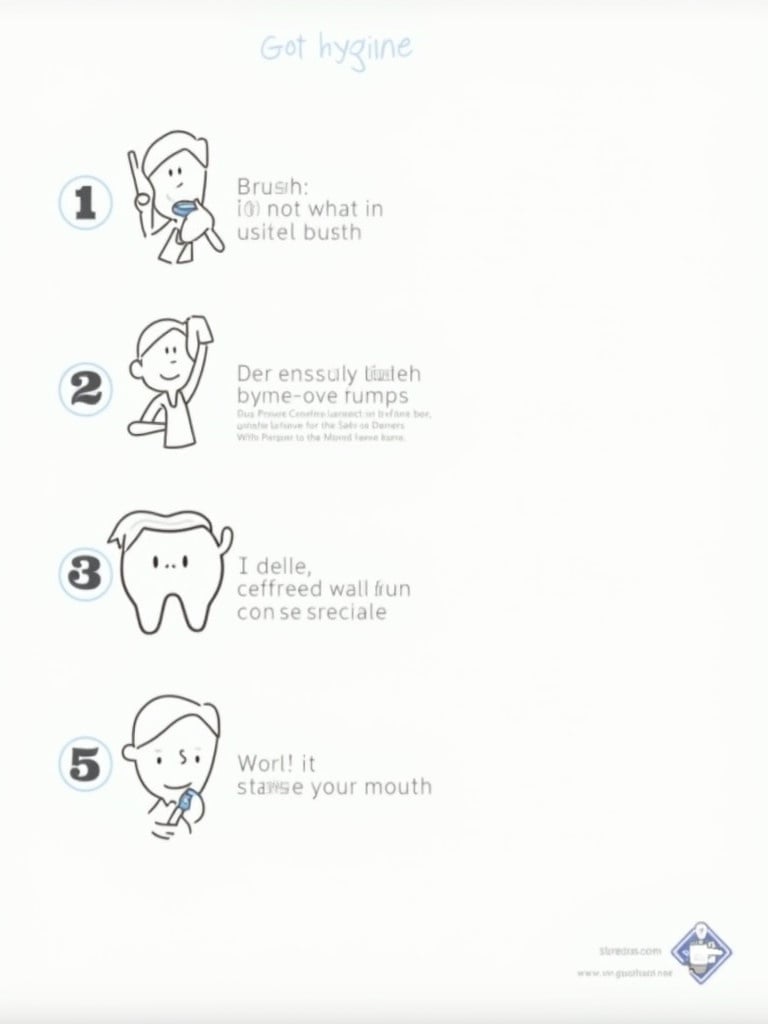 Illustration shows step-by-step dental hygiene process. Step 1 is brushing teeth. Step 2 emphasizes thorough brushing on all surfaces. Final step suggests rinsing mouth. Clear graphics support understanding.