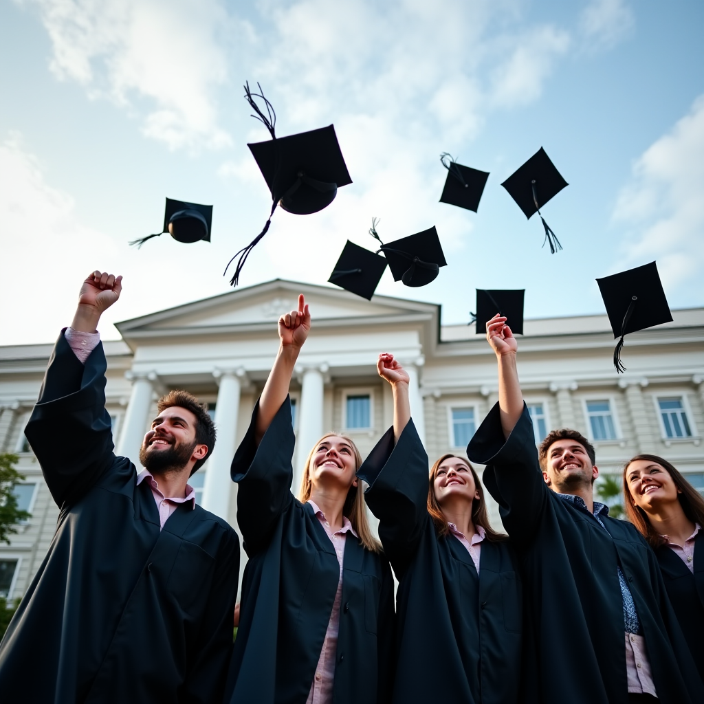 Graduates joyously toss their caps in front of a stately university building.