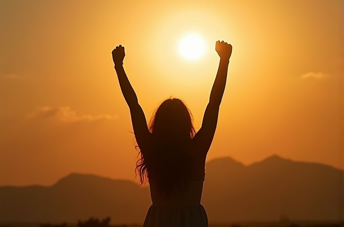 A silhouetted person triumphantly raises their arms against a vibrant sunset backdrop.