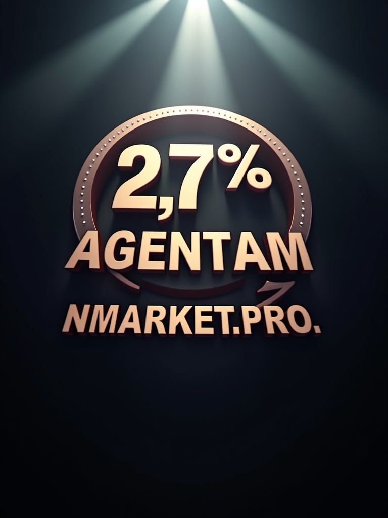 The image features a creative logo styled like a famous film company. The text shows '2,7% AGENTAM NMARKET.PRO'. The background is dramatic with bright light beams. The logo suggests a connection to film or media production.